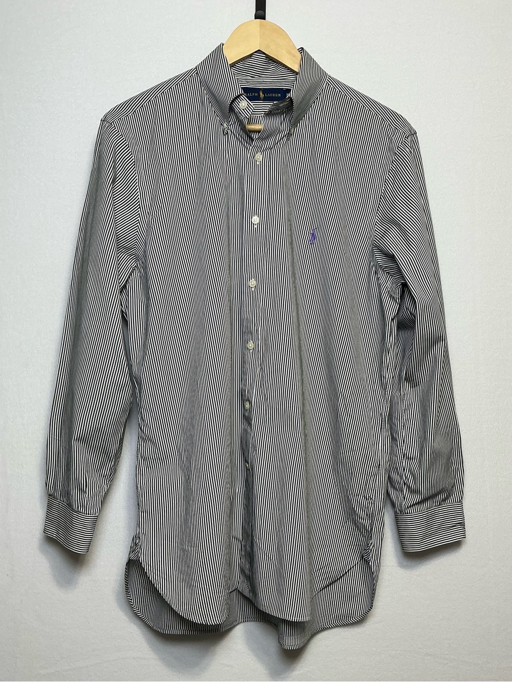 Ralph Lauren Men’s 16 32/33 Black White Striped Button Down Shirt Purple Pony